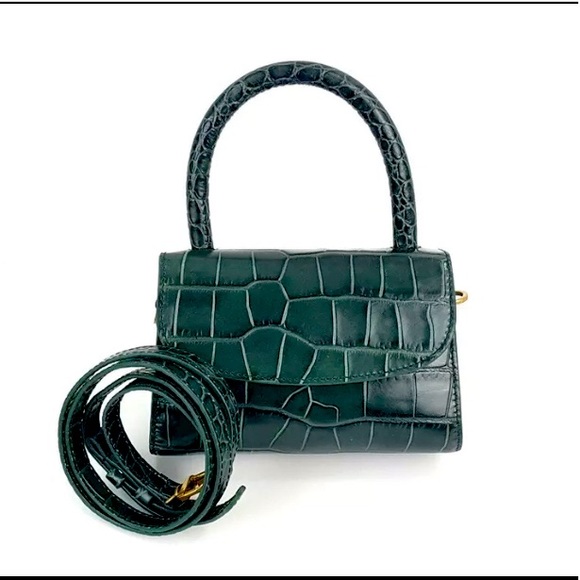 BY FAR Handbags - By Far Mini Dark Green Croco Embossed Leather Crossbody Top Handle Bag